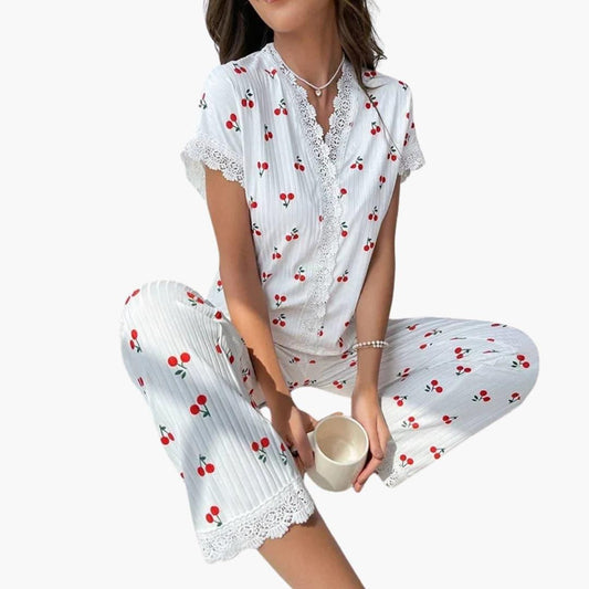 Manon - Pyjama femme long et doux à manches courtes avec col en V