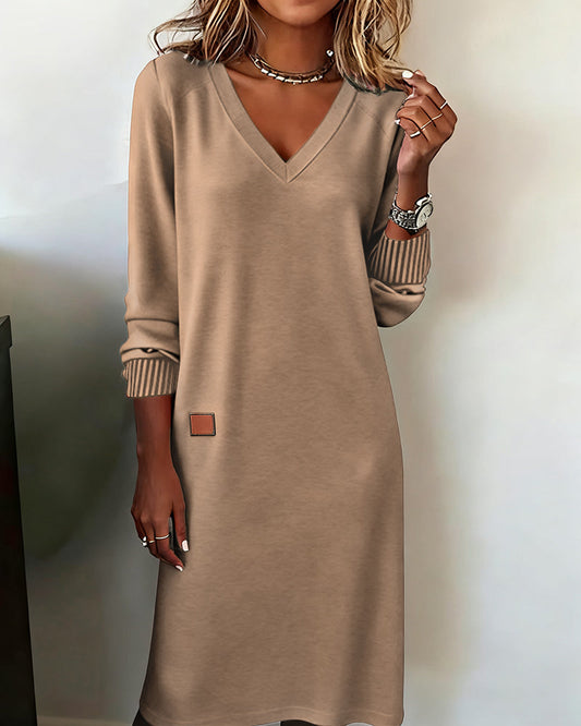 Manon - Robe Midi Femme Automne avec Col en V et Manches Longues