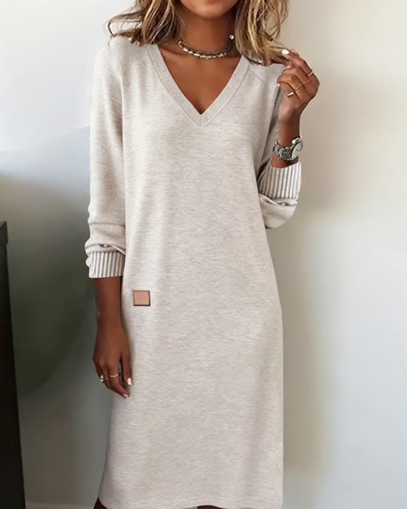 Manon - Robe Midi Femme Automne avec Col en V et Manches Longues