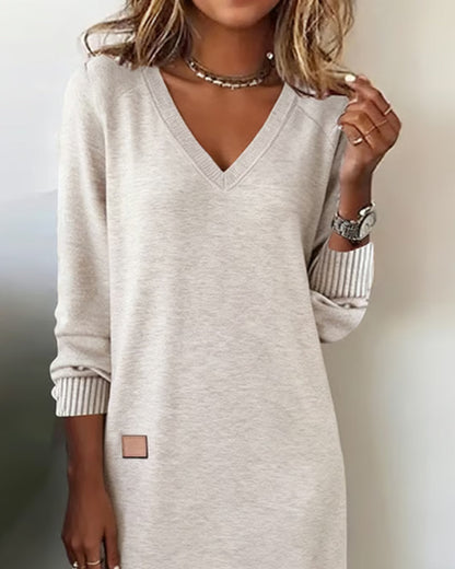 Manon - Robe Midi Femme Automne avec Col en V et Manches Longues