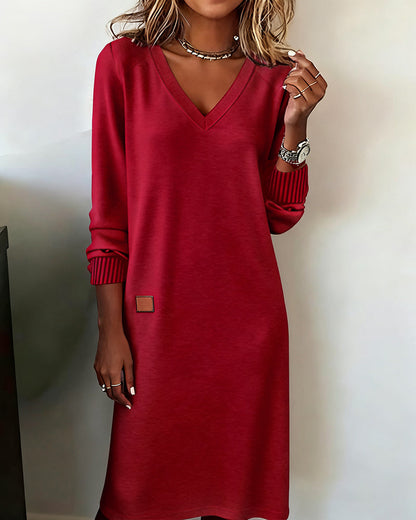 Manon - Robe Midi Femme Automne avec Col en V et Manches Longues
