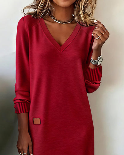 Manon - Robe Midi Femme Automne avec Col en V et Manches Longues