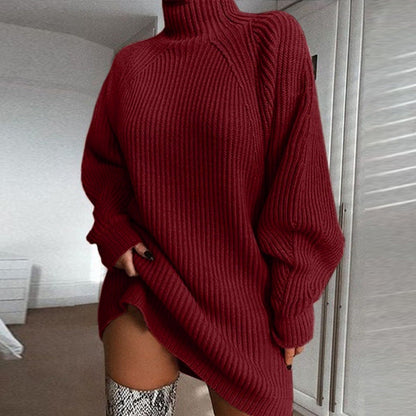 Manon - Robe pull femme col roulé courte côtelée et ample à manches longues