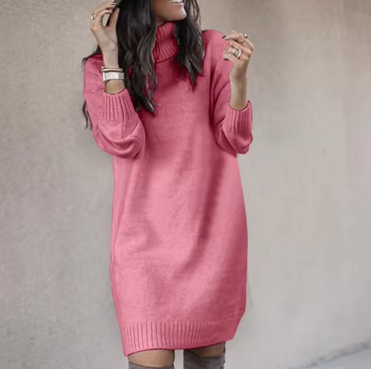 Manon - Robe pull femme col roulé en maille à manches longues et coupe ample