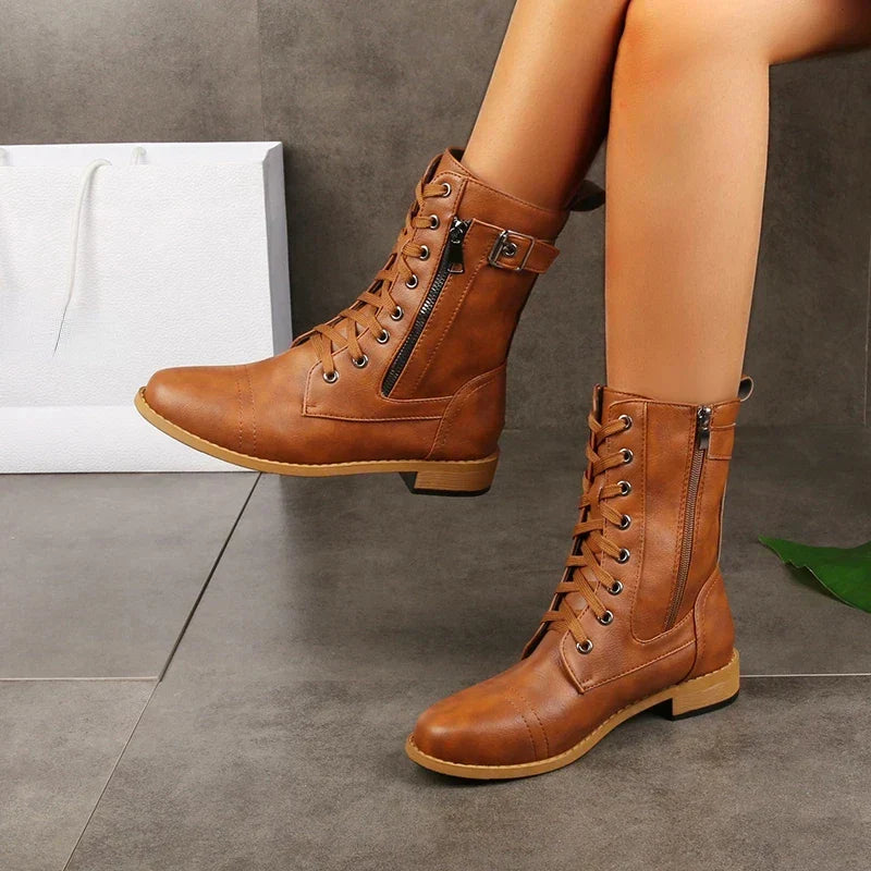 Margaux - Bottes Femme Automne Hautes avec Lacets et Fermeture Éclair