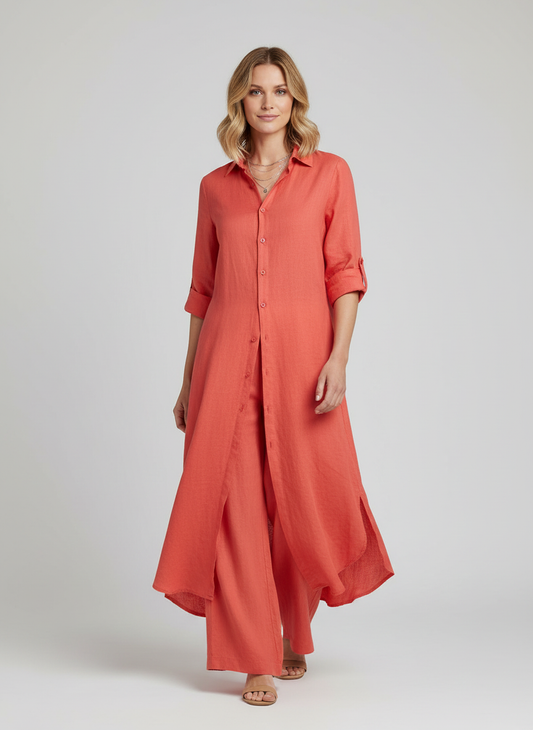 Margaux - Ensemble en Lin Femme Chic avec Robe Chemise Longue et Pantalon Assorti