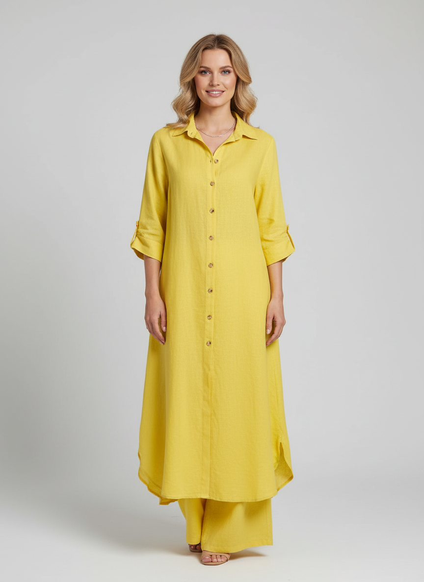 Margaux - Ensemble en Lin Femme Chic avec Robe Chemise Longue et Pantalon Assorti