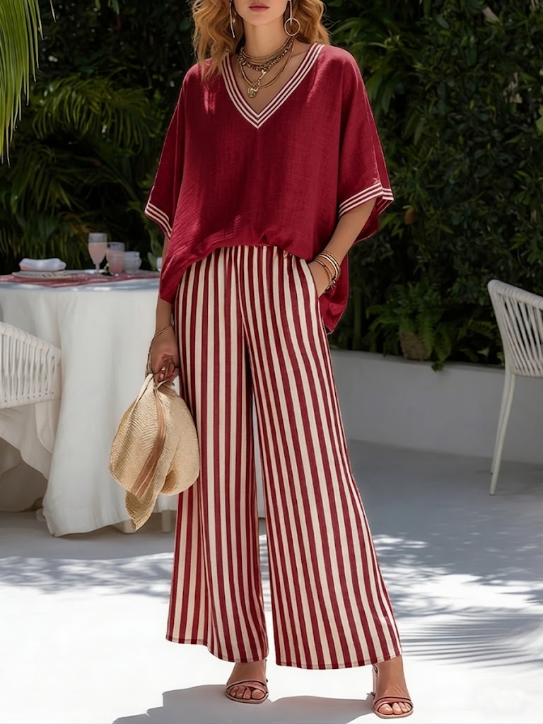 Margaux - Ensemble en Lin Tendance Femme avec Top Col en V Oversize et Pantalon Rayé Large