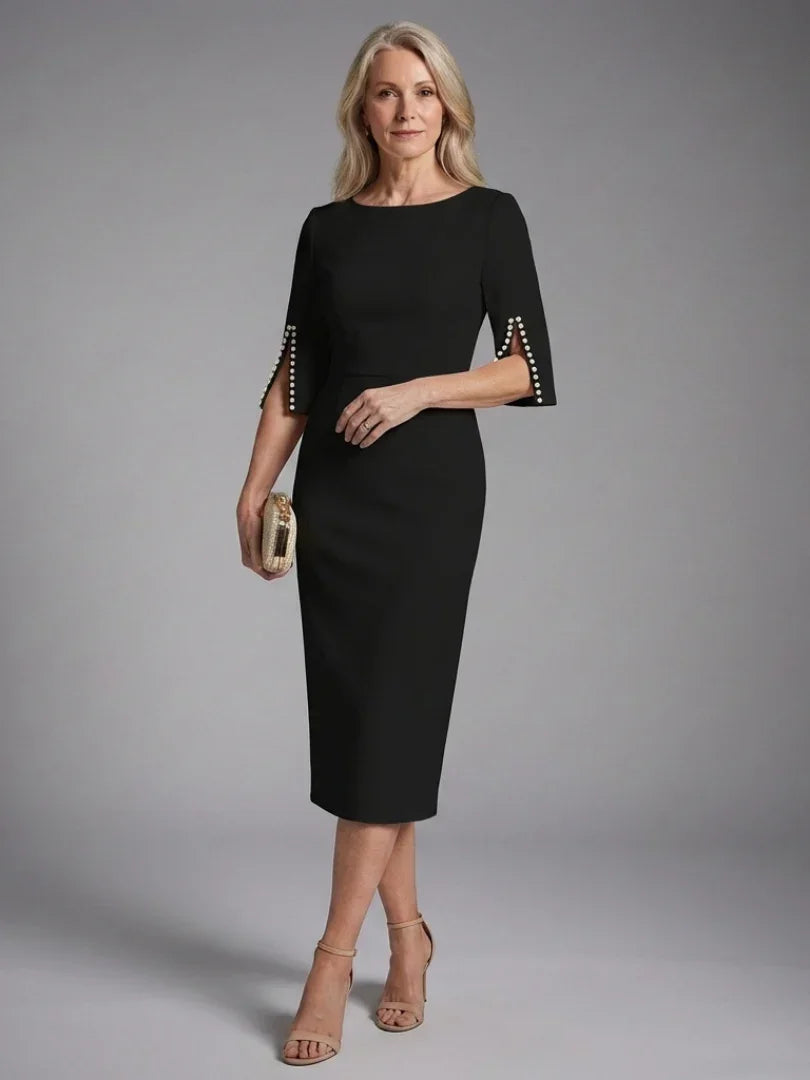 Margaux - Robe Invitée Mariage Femme Chic Midi avec Manches Évasées et Perles