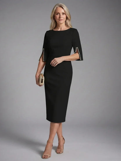 Margaux - Robe Invitée Mariage Femme Chic Midi avec Manches Évasées et Perles