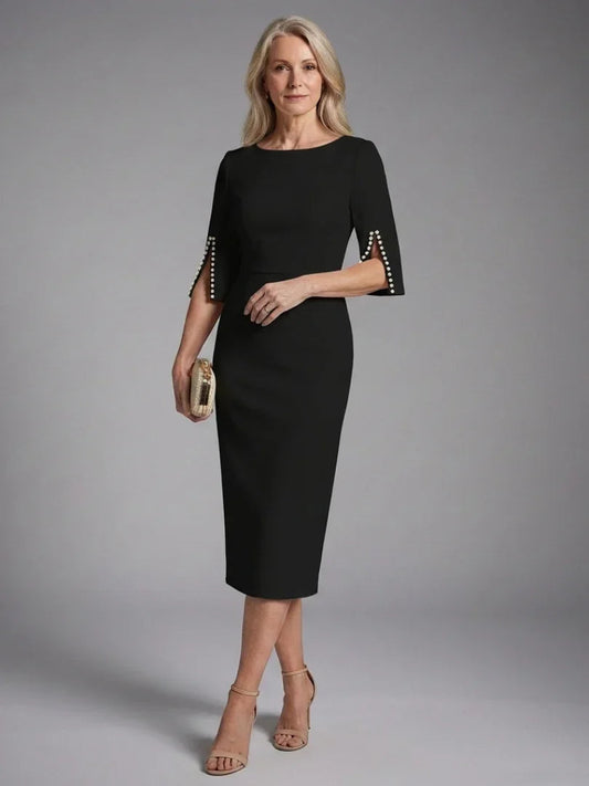 Margaux - Robe Invitée Mariage Femme Chic Midi avec Manches Évasées et Perles