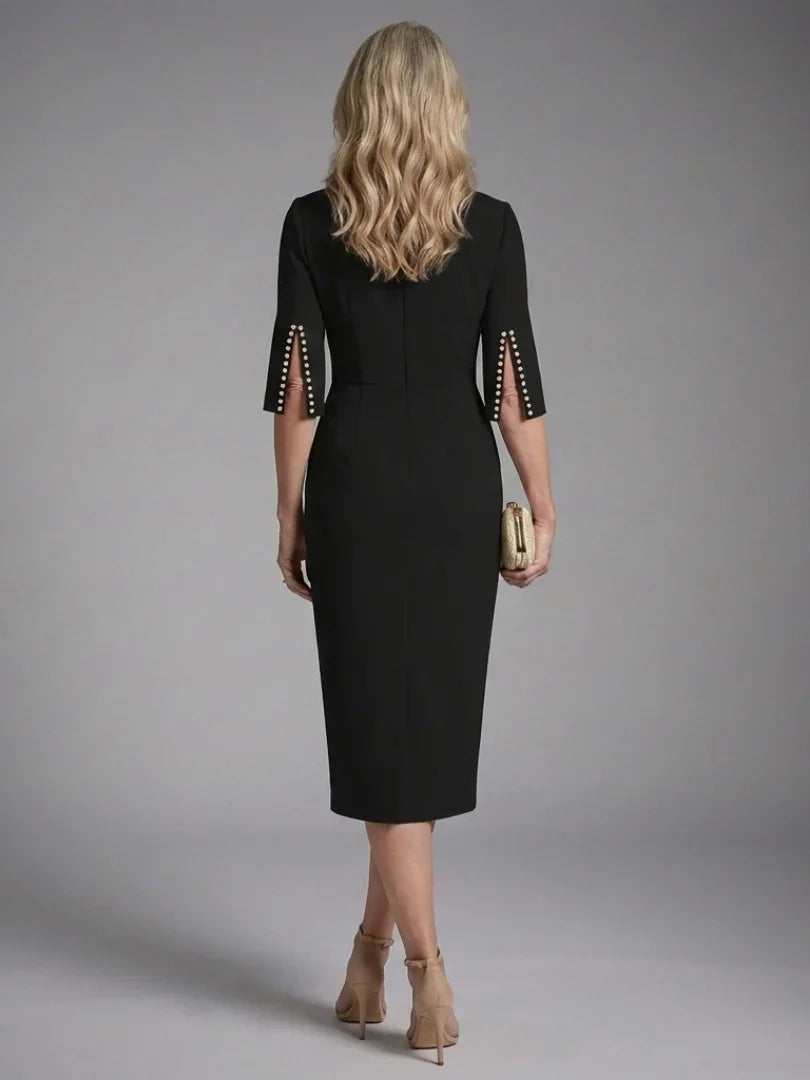 Margaux - Robe Invitée Mariage Femme Chic Midi avec Manches Évasées et Perles
