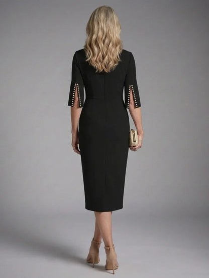 Margaux - Robe Invitée Mariage Femme Chic Midi avec Manches Évasées et Perles