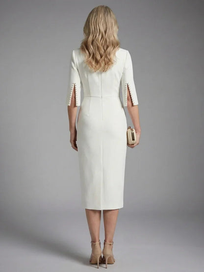 Margaux - Robe Invitée Mariage Femme Chic Midi avec Manches Évasées et Perles