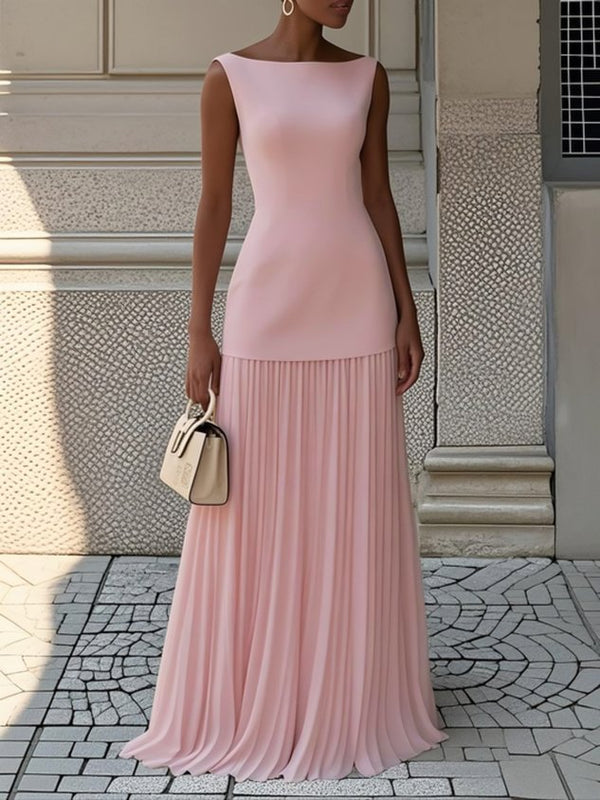 Margaux - Robe Maxi Classique Invitée Mariage Femme avec Col Bateau et Jupe Plissée Fluide