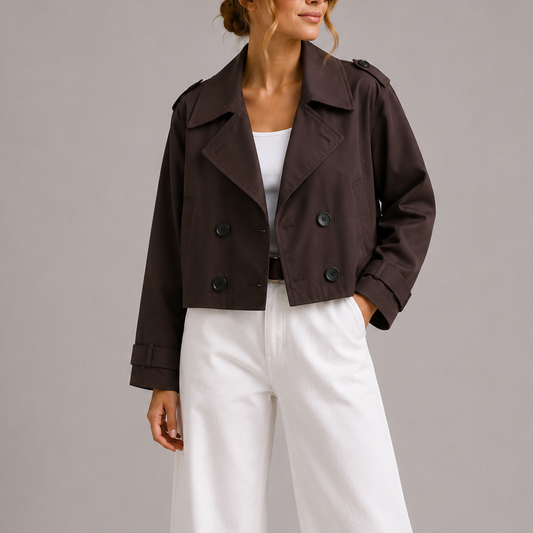 Margaux - Veste Femme Automne Cropped avec Col Tailleur et Boutonnage Croisé