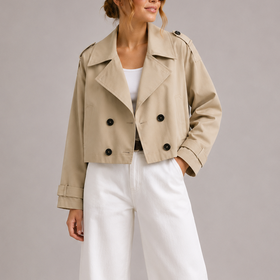 Margaux - Veste Femme Automne Cropped avec Col Tailleur et Boutonnage Croisé