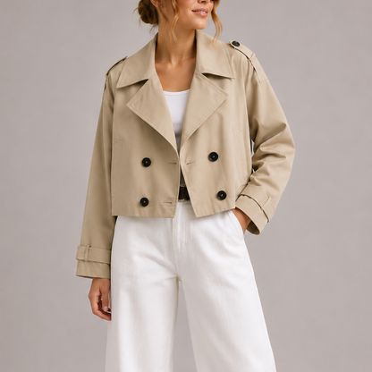 Margaux - Veste Femme Automne Cropped avec Col Tailleur et Boutonnage Croisé