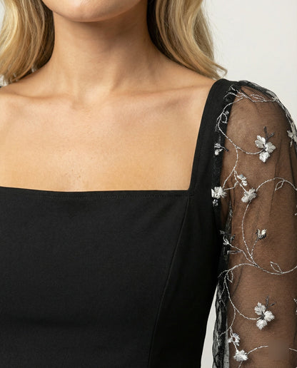 Marie - Robe de soirée femme midi habillée et moulante à manches longues