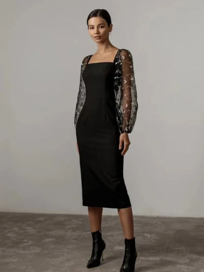 Marie - Robe de soirée femme midi habillée et moulante à manches longues