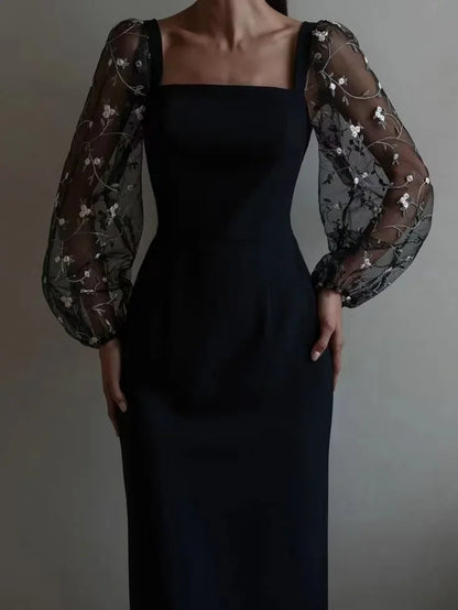 Marie - Robe de soirée femme midi habillée et moulante à manches longues