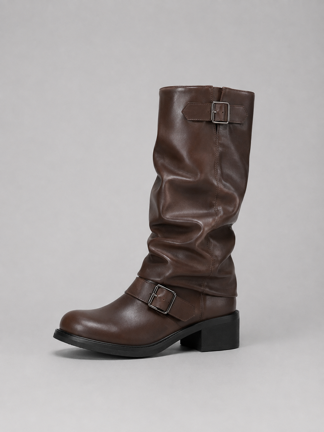 Marion - Bottes Femme Hautes Style Biker avec Boucles et Talon Bas