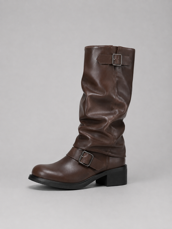 Marion - Bottes Femme Hautes Style Biker avec Boucles et Talon Bas