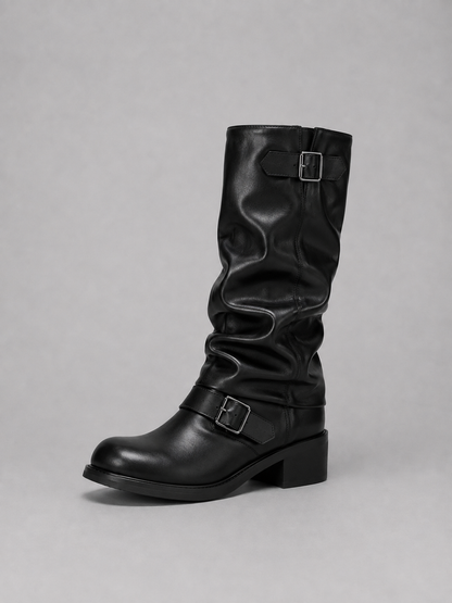 Marion - Bottes Femme Hautes Style Biker avec Boucles et Talon Bas