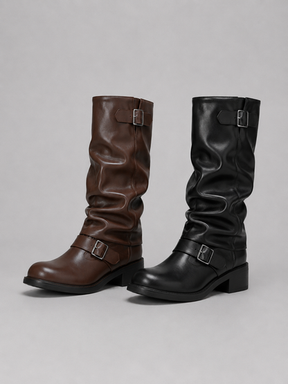 Marion - Bottes Femme Hautes Style Biker avec Boucles et Talon Bas