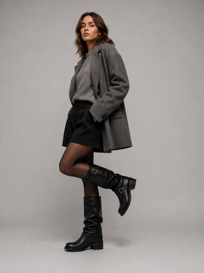 Marion - Bottes Femme Hautes Style Biker avec Boucles et Talon Bas