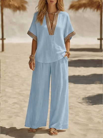 Marion - Ensemble en Lin Bohème Femme avec Top Col en V Brodé et Pantalon Large Fluide