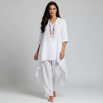 Marion - Ensemble en Lin Femme Bohème avec Tunique Asymétrique et Pantalon Assorti