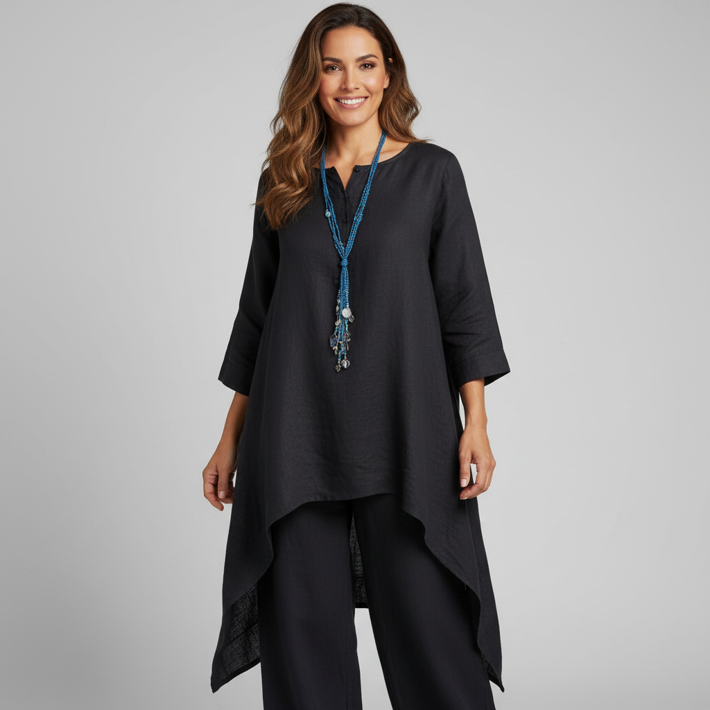 Marion - Ensemble en Lin Femme Bohème avec Tunique Asymétrique et Pantalon Assorti