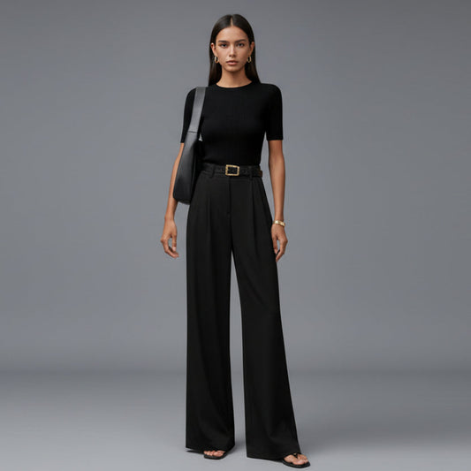 Marion - Pantalon Femme Large Fluide Taille Haute pour l'Automne