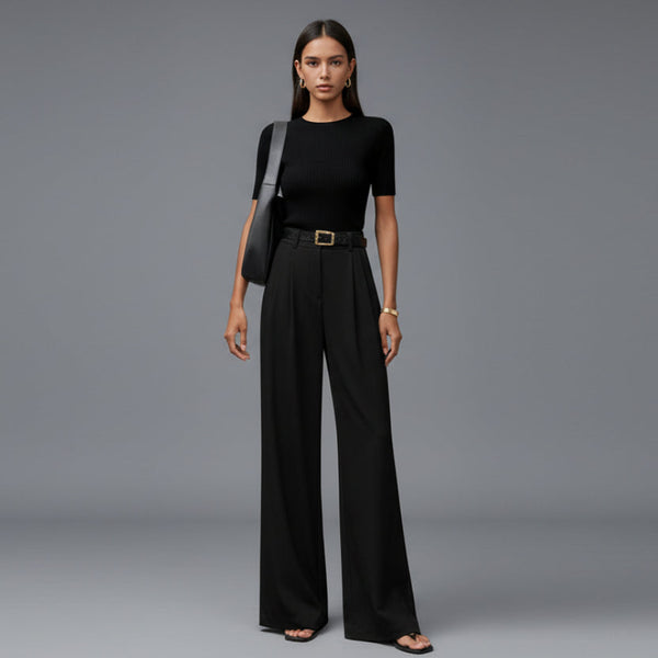 Marion - Pantalon Femme Large Fluide Taille Haute pour l'Automne