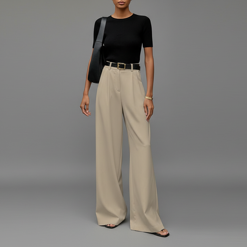 Marion - Pantalon Femme Large Fluide Taille Haute pour l'Automne