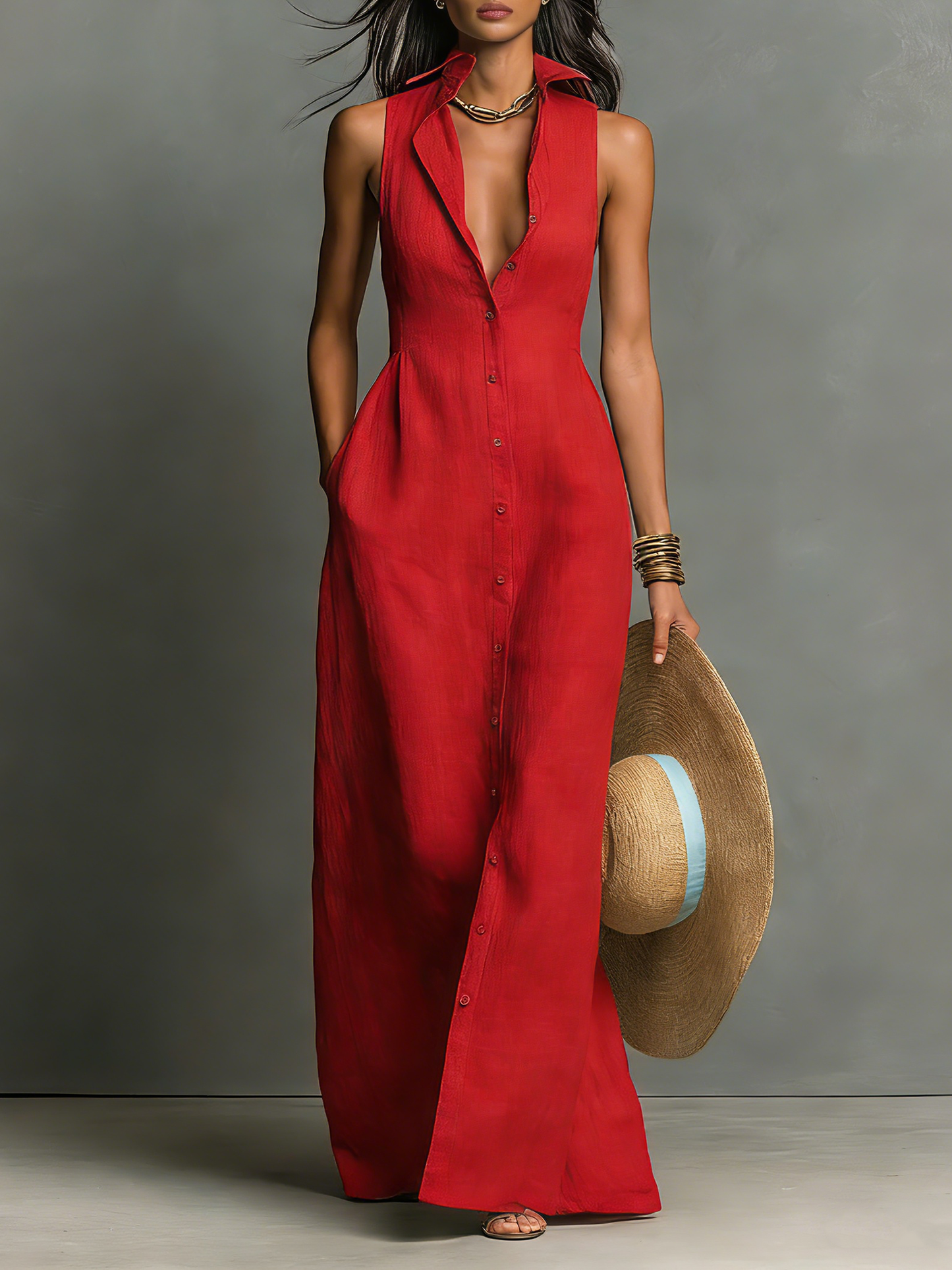 Marion - Robe Longue en Lin Femme Habillé avec Col Plongeant et Sans Manches