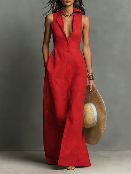 Marion - Robe Longue en Lin Femme Habillé avec Col Plongeant et Sans Manches