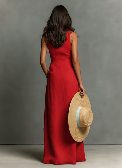 Marion - Robe Longue en Lin Femme Habillé avec Col Plongeant et Sans Manches