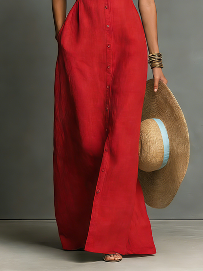 Marion - Robe Longue en Lin Femme Habillé avec Col Plongeant et Sans Manches