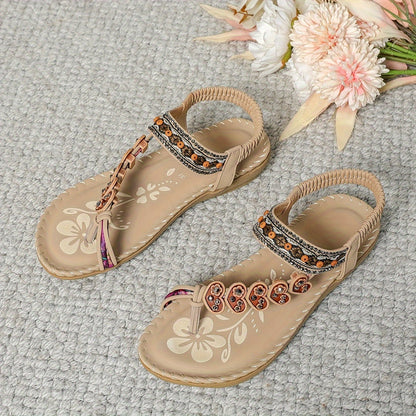 Marion - Sandales Femme Bohèmes Ornées de Perles avec Bride Élastique Été