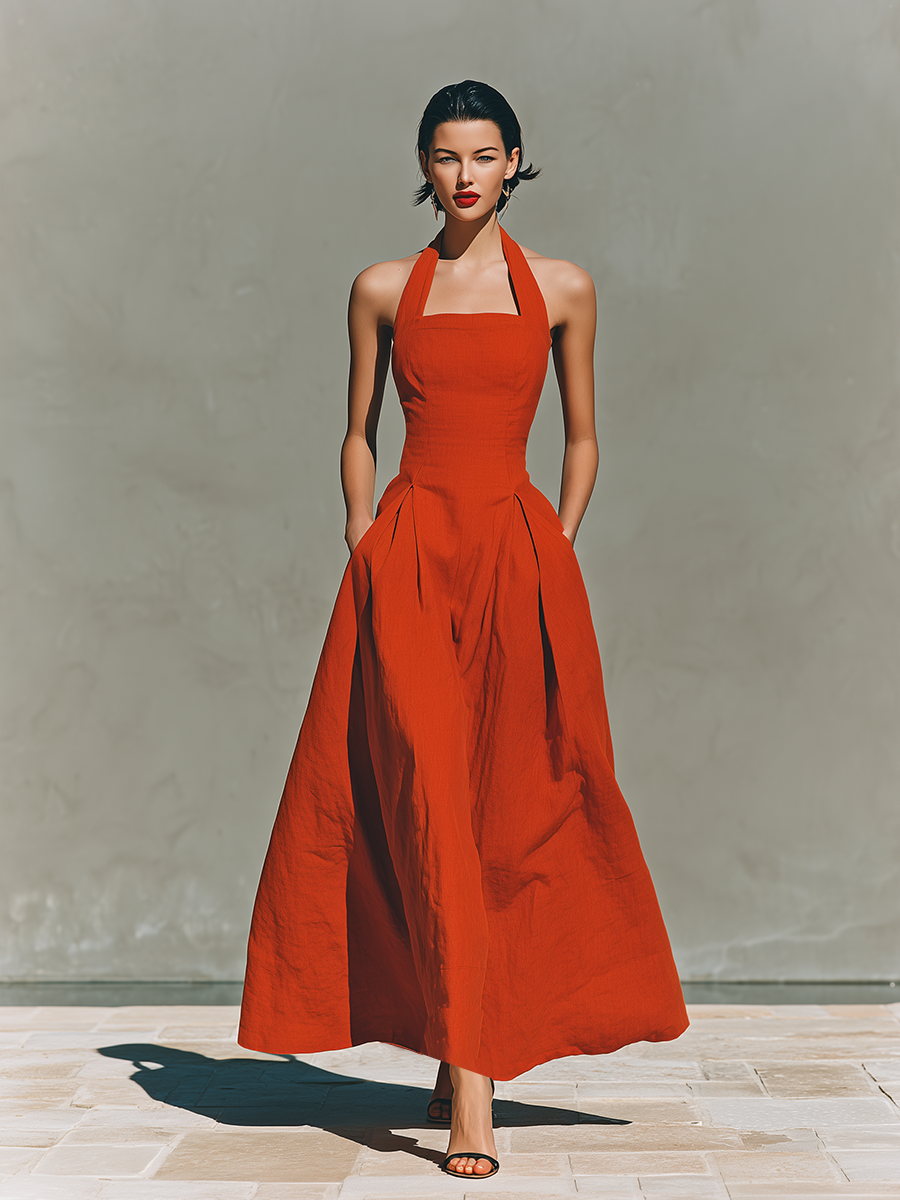 Mathilde - Robe Longue en Lin Femme Chic avec Col Carré et Jupe Plissée
