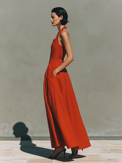 Mathilde - Robe Longue en Lin Femme Chic avec Col Carré et Jupe Plissée