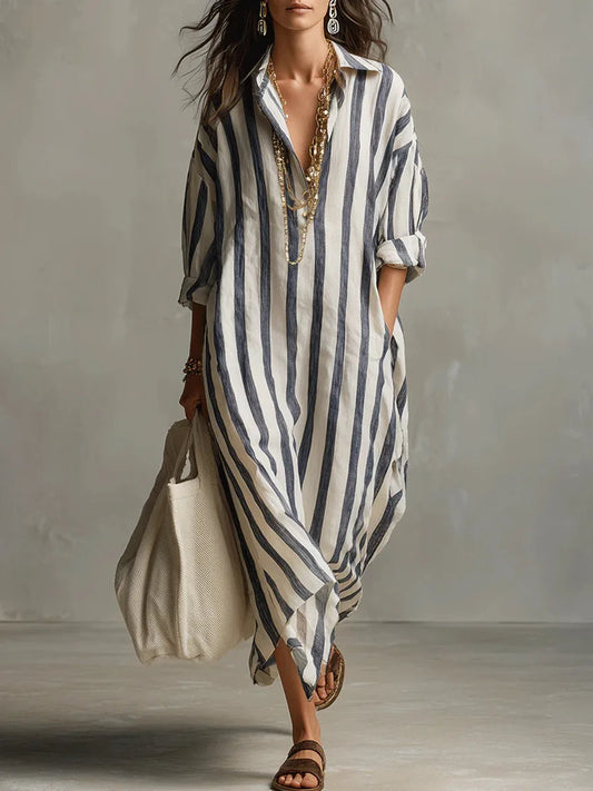 Mathilde - Robe en Lin Longue Bohème Femme avec Col Chemise et Rayures Verticales