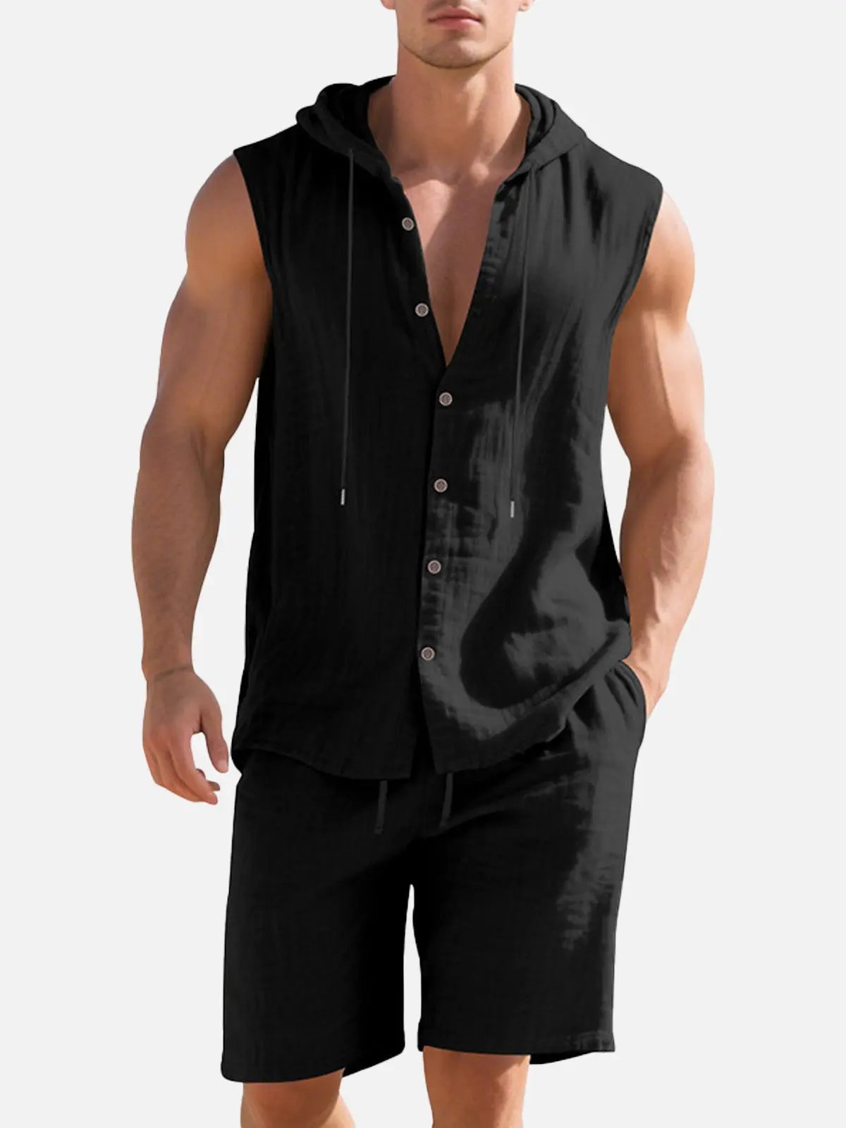 Nathan - Ensemble en Lin Homme Streetwear avec Capuche à Cordon et Short Assorti