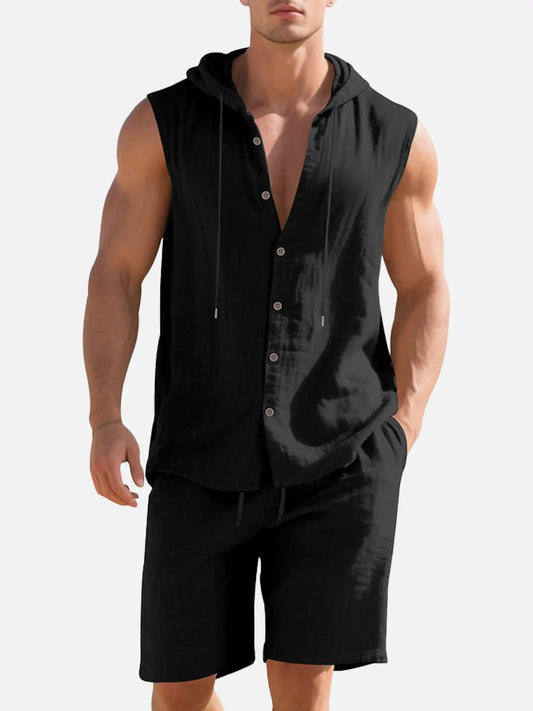 Nathan - Ensemble en Lin Homme Streetwear avec Capuche à Cordon et Short Assorti