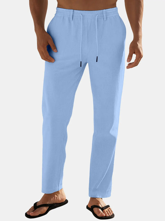 Nathan - Pantalon en Lin Homme Casual avec Cordon de Serrage et Coupe Droite
