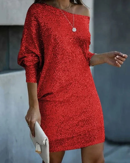 Nina - Robe courte femme à paillettes épaule dénudée et manches longues pour soirée