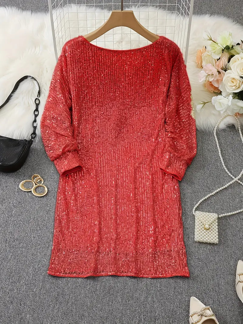 Nina - Robe courte femme à paillettes épaule dénudée et manches longues pour soirée