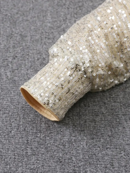 Nina - Robe courte femme à paillettes épaule dénudée et manches longues pour soirée